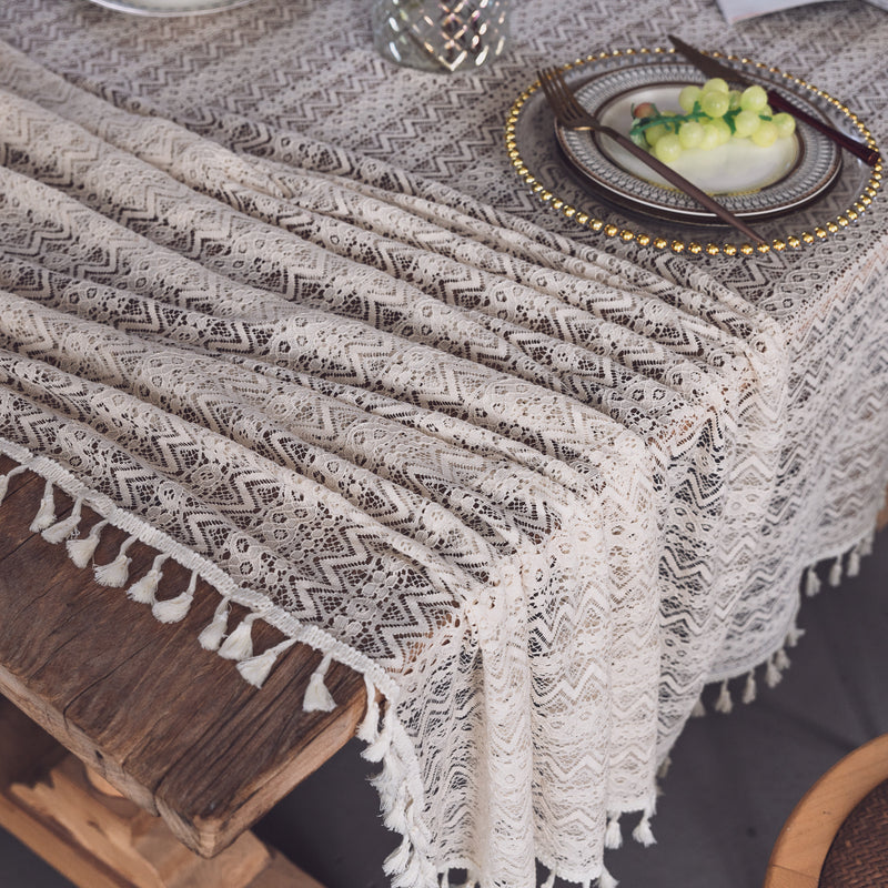 Lace Hollow Dining Table Fabric White